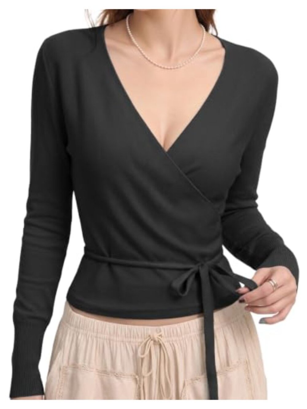 Women's Wrap Crop Top Ribbed Long Sleeve V Neck Tie Front Dance Shirt